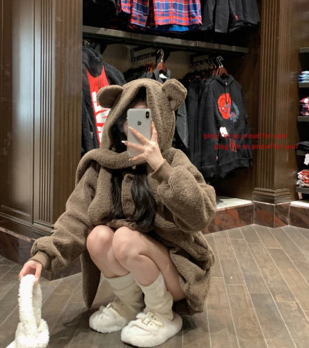 Actual shot of lamb plush hooded bear coat for women in autumn and winter new thickened high waist bud skirt suit
