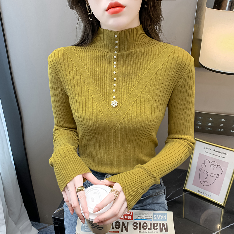 2023秋冬新款洋氣內搭釘珠半高領打底衫女套頭上衣長袖針織衫毛衣