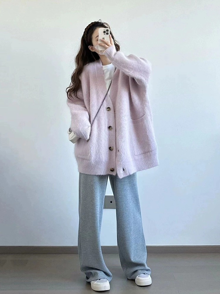 紫色v領開衫毛衣女加厚秋冬新款溫柔風奶fufu慵懶中長款外套