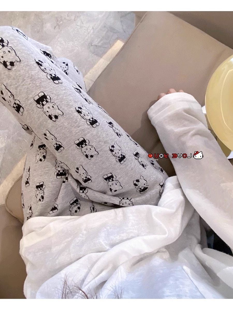 版提花布320克腰頭壓線立體貓咪針織微喇褲長褲子