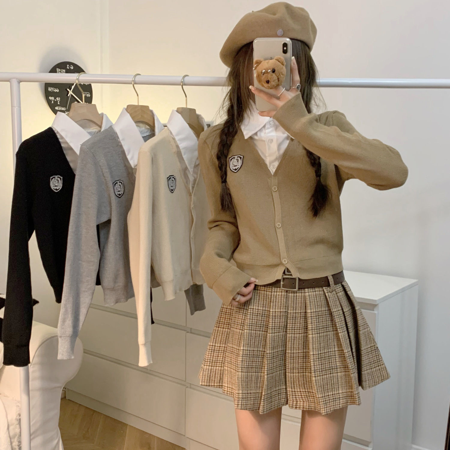 polo領氣質假兩件學院風上衣女春秋季新款百搭修身拼接洋氣針織衫