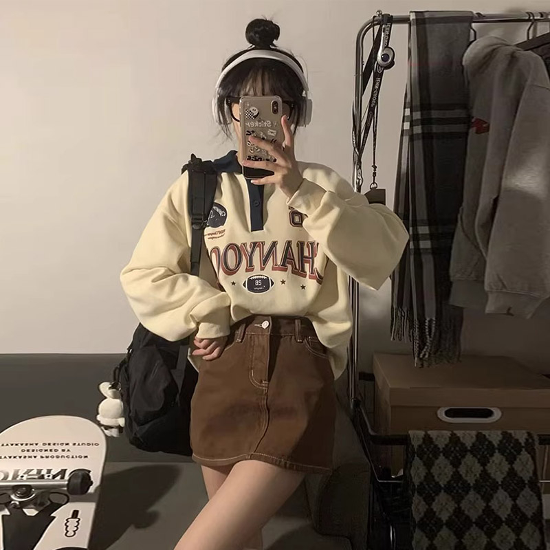 美式2023年小眾復古字母印花polo衫翻領長袖T恤女上衣