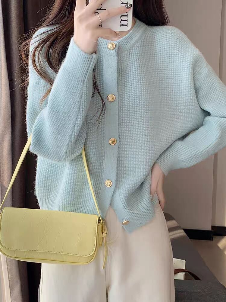 2023 Korean style sheep velvet round neck knitted cardigan sweater for women autumn and winter new soft and waxy solid color versatile tops and jackets