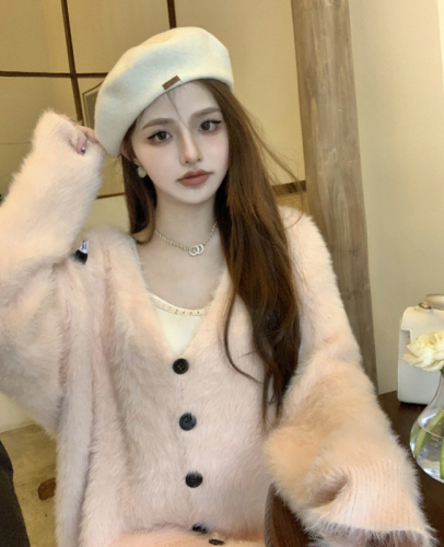 Actual shot of new Korean retro plush single-breasted cardigan sweater jacket for autumn and winter