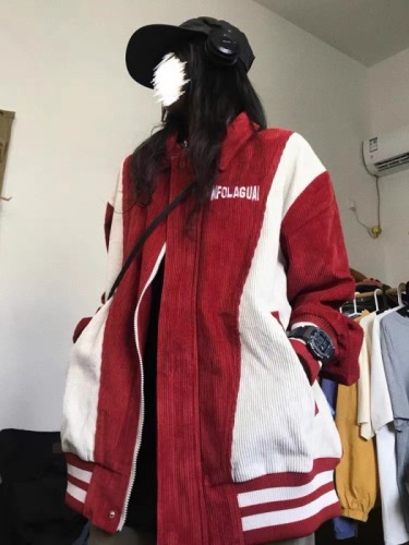 Trendy brand American retro splicing niche non-colliding jacket women's design spring and autumn corduroy baseball jacket