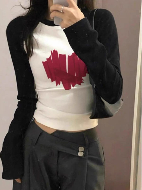 愛心印花內搭打底衫女初秋百搭修身顯瘦小個子短款辣妹長袖T恤潮