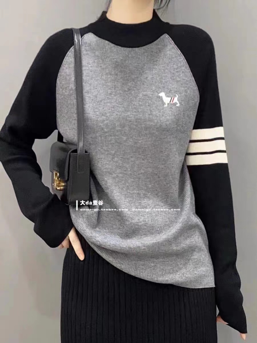 袖子三條槓刺繡小狗美麗諾細羊毛衫 半高領彈力打底衫