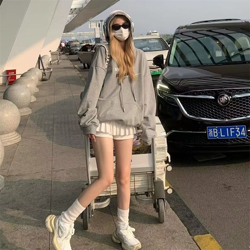 袖子印花 秋冬連帽淺灰色印花衛衣 華棉薄款/加絨款 包肩領