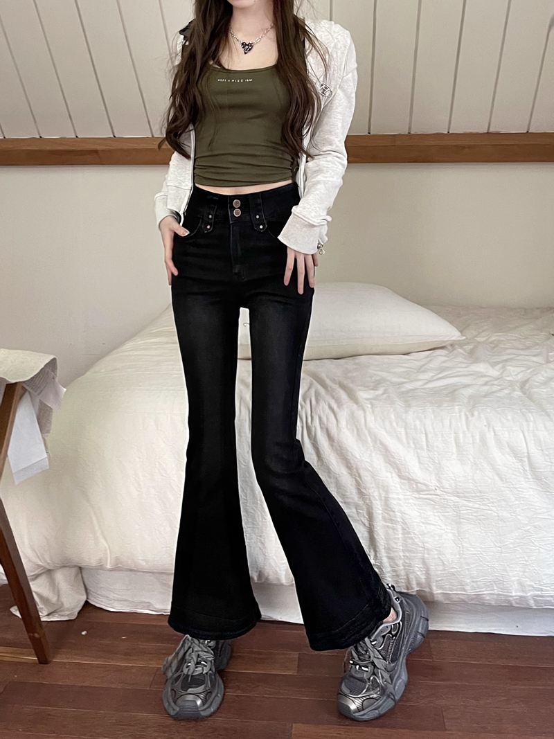Actual shot #New stretch high-waist denim trousers for women, designed with two buttons and micro-flared stretch pants