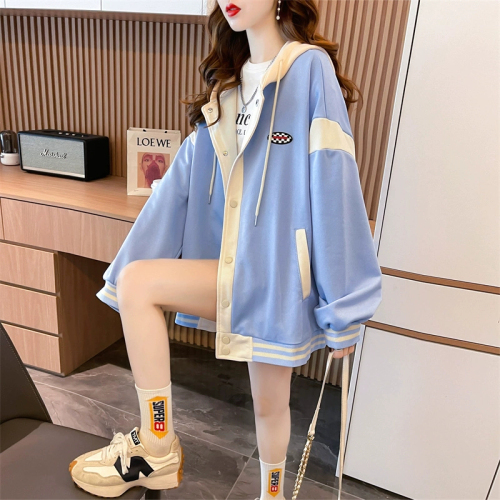 First real shot of Chinese cotton composite shell velvet Korean version loose large size splicing jacket hooded plus velvet sweatshirt for women