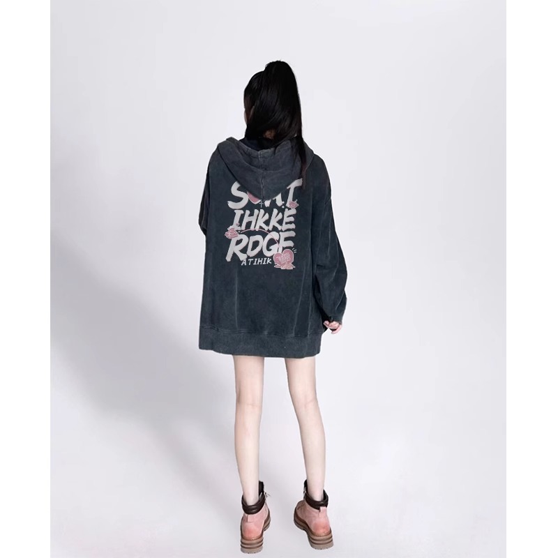 Pure cotton Chinese cotton composite milk silk 330g printed front and back washed distressed retro hooded sweatshirt for women