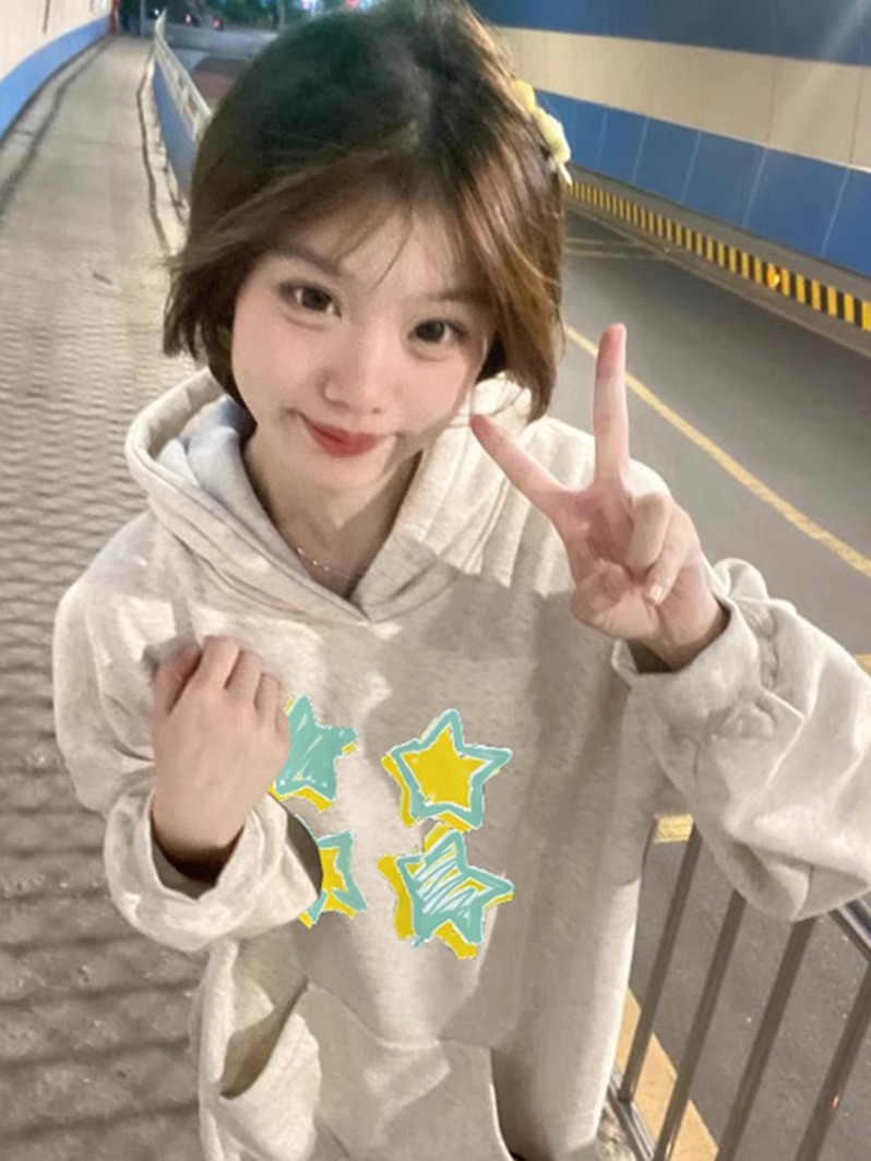 CVC cotton pasta wool Chinese cotton composite/milk silk 300g silver fox velvet 400g front printed hooded sweatshirt for women