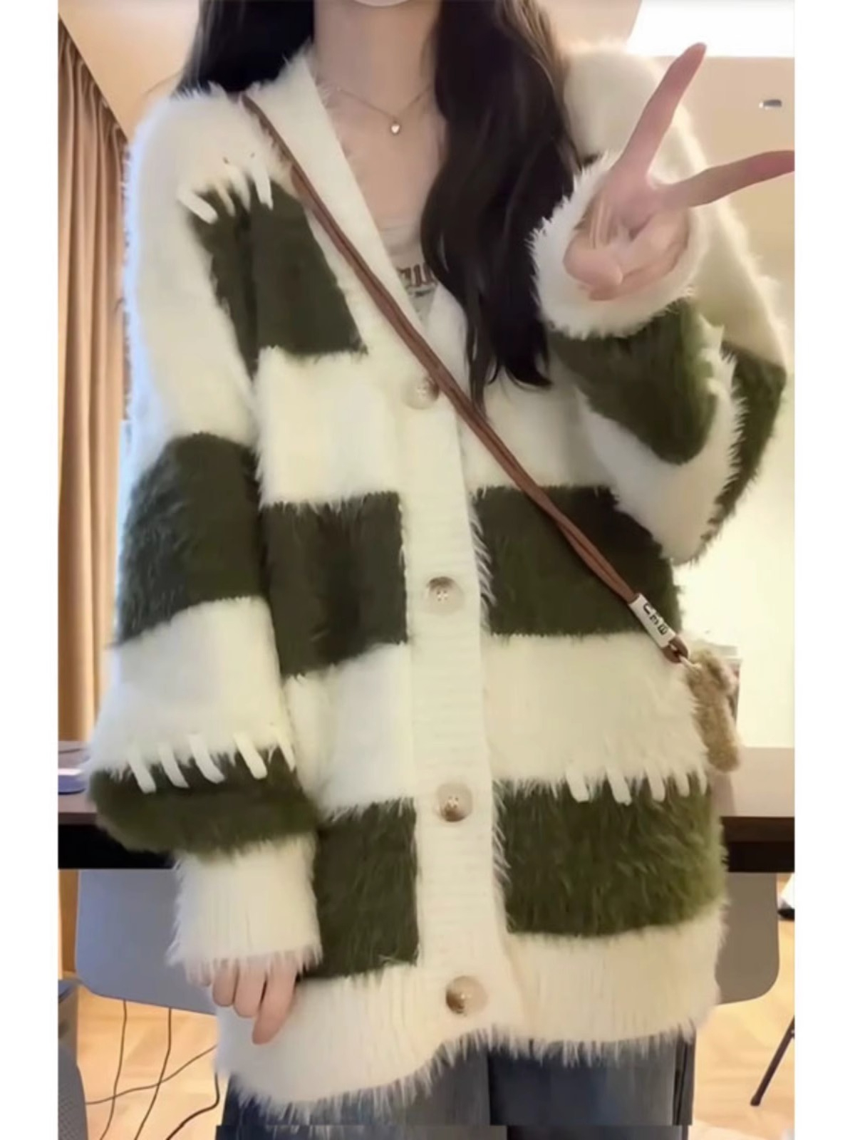優質版仿貂厚款韓系學院風條紋撞色開衫毛衣女秋冬小眾針織衫大碼