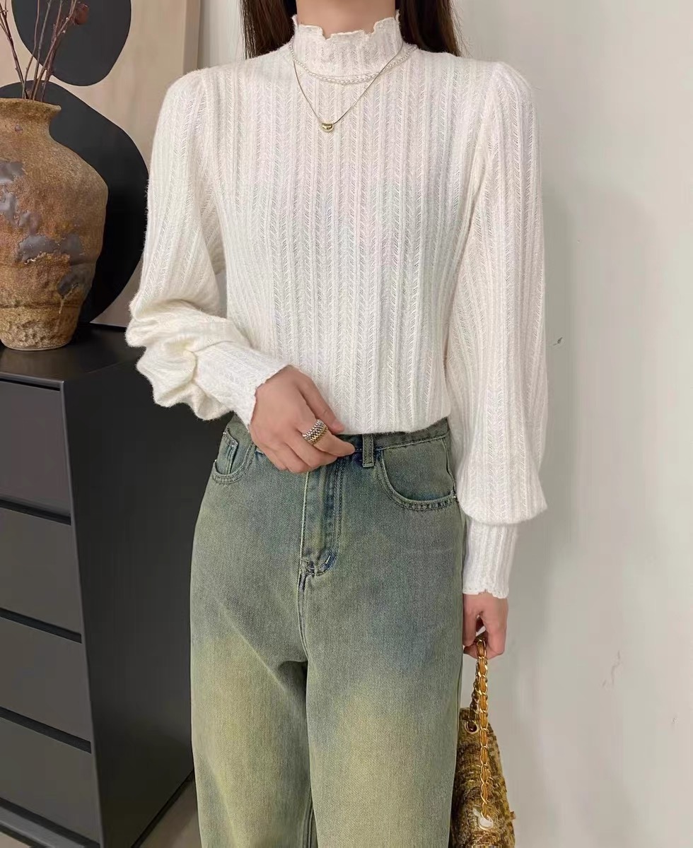 2023秋冬新品磨毛蕾絲打底小衫氣質淑女半高領洋氣內搭上衣女