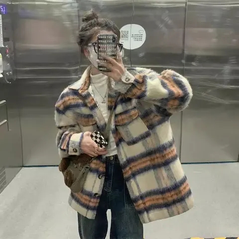 羊羔毛外套女秋冬季小個子高級感加厚棒球服格子短款上衣秋裝2023