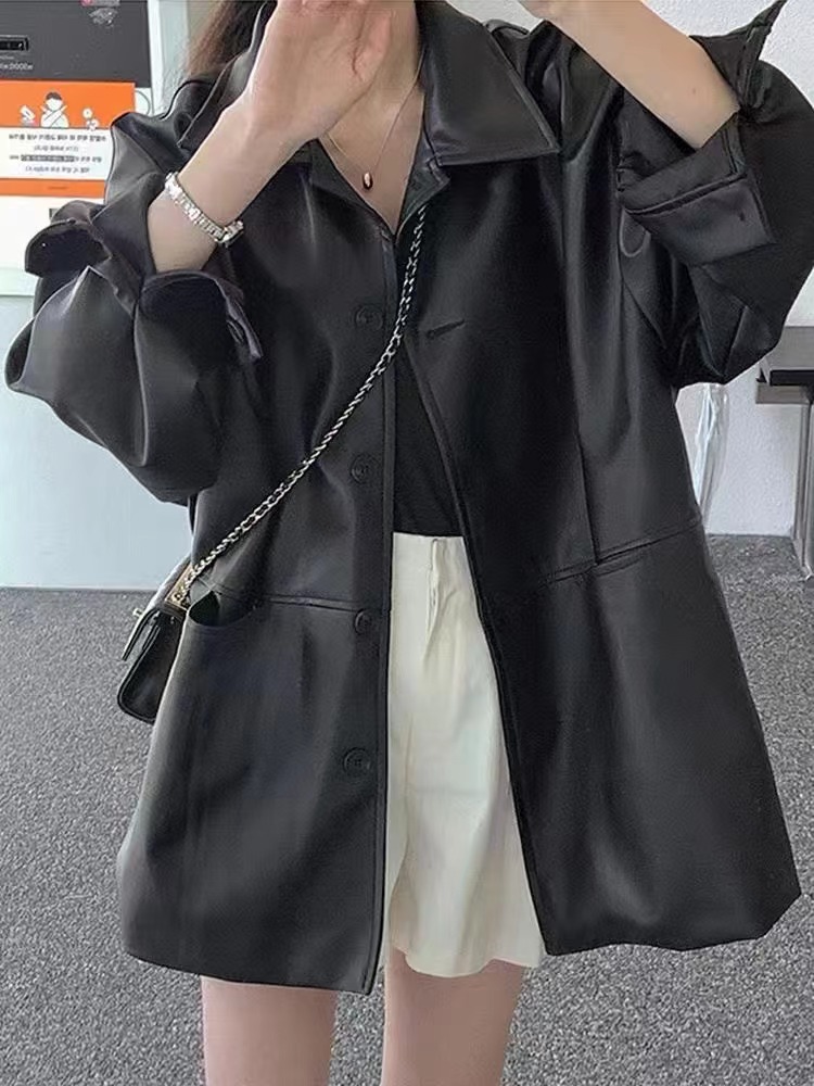 Korean Lapel Single Breasted Leather Jacket Women's Autumn New Loose Versatile Fake Leather Jacket Top