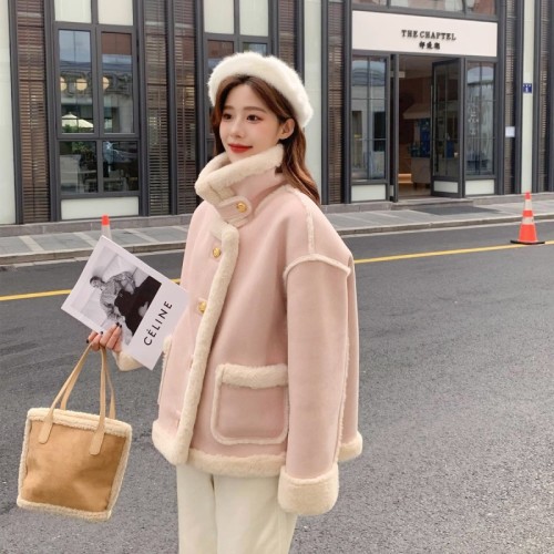 High-end fur one-piece lamb plush coat for women winter  new style small plus velvet thickened short cotton coat