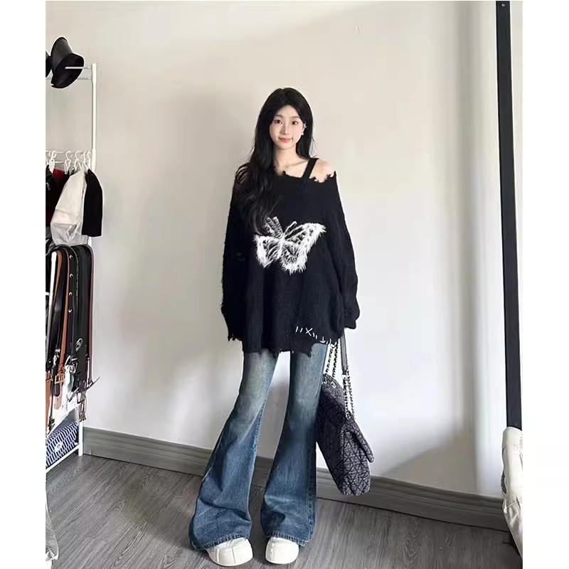 老6衣櫃毛絨蝴蝶結慵懶風毛衣女寬鬆秋冬破洞針織衫上衣