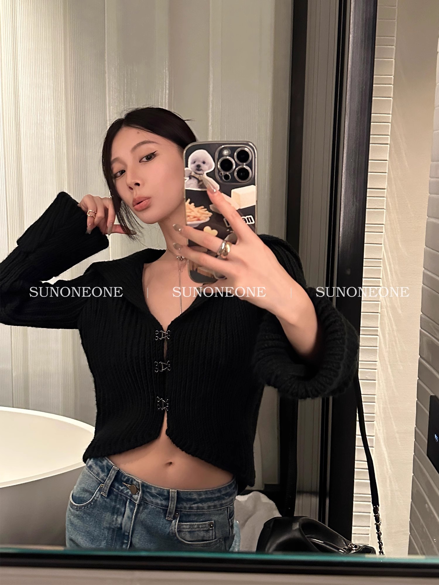SUNONEONE 秋季黑色針織開衫外套女薄款翻領修身毛衣2023新款上衣
