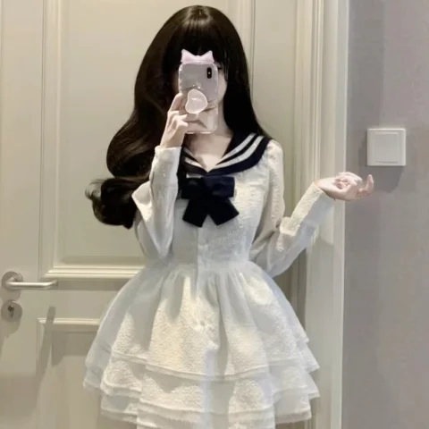 Women's  new French first love sweet college style jk navy collar bow white dress spring and autumn