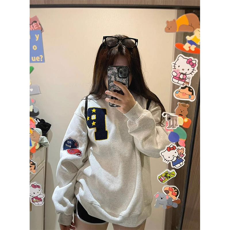 Chinese cotton composite milk silk American retro round neck sweatshirt for women spring and autumn loose pullover top
