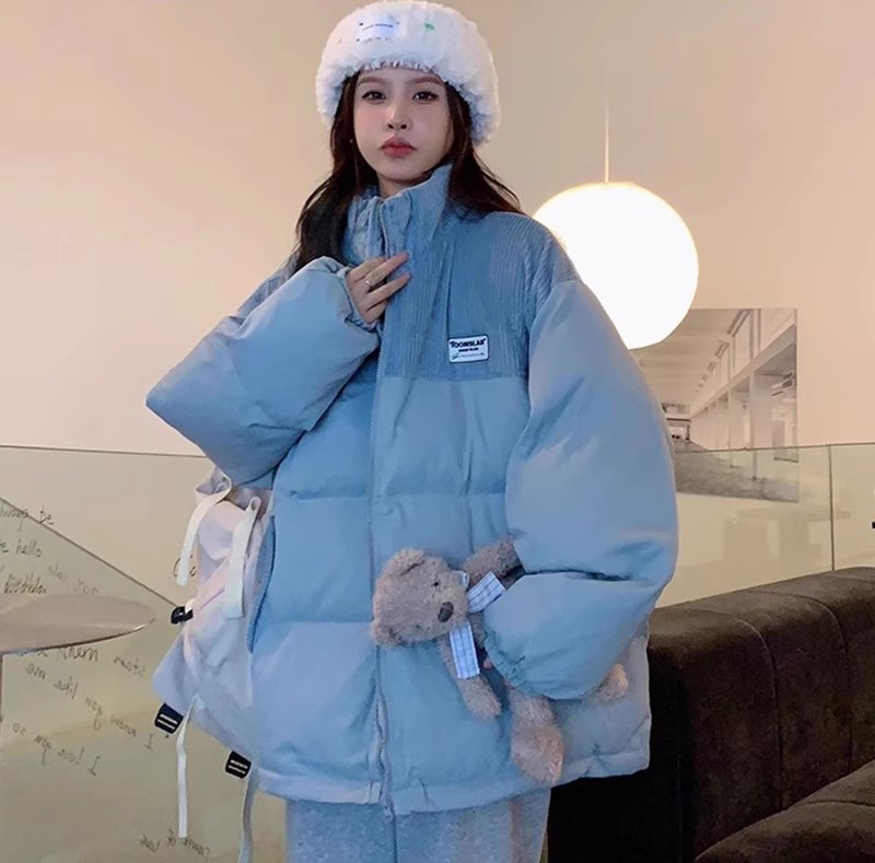 Corduroy stand-up collar down cotton coat women's winter coat 2023 new student cotton coat plus velvet thickened bread coat