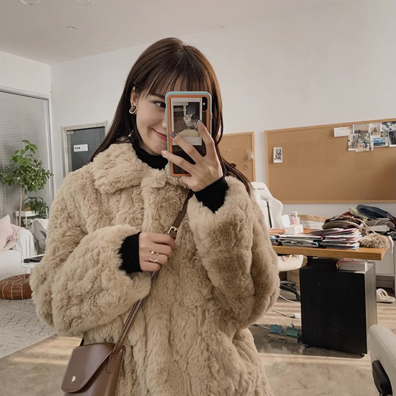 Lambskin petite mid-length fur coat for women without bulky sheared rabbit fur