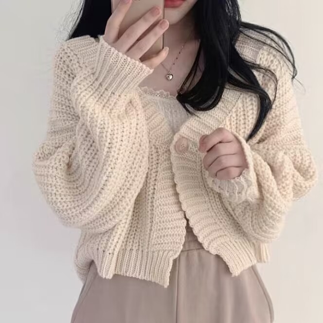 慵懶風v領長袖毛衣外套女秋季2023年新款寬鬆顯瘦針織開衫上衣潮