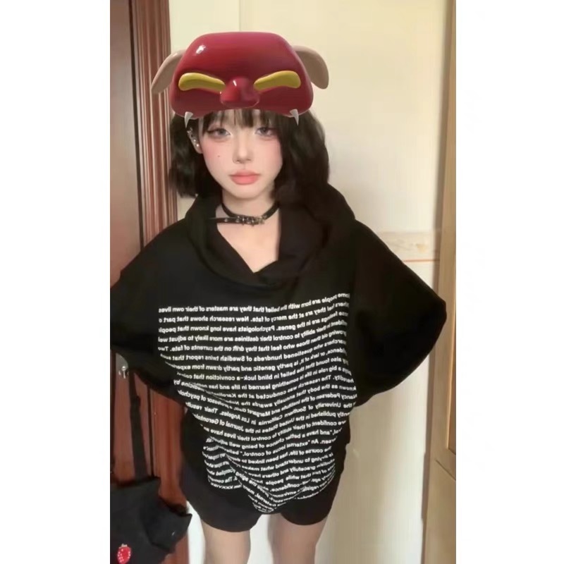 國潮牌美式高街字母連帽oversize黑色衛衣女秋冬情侶2023新款外套