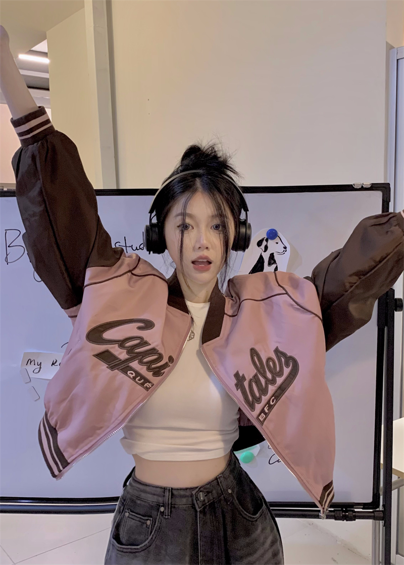 實拍  美式復古撞色短款棒球服外套百搭夾克上衣