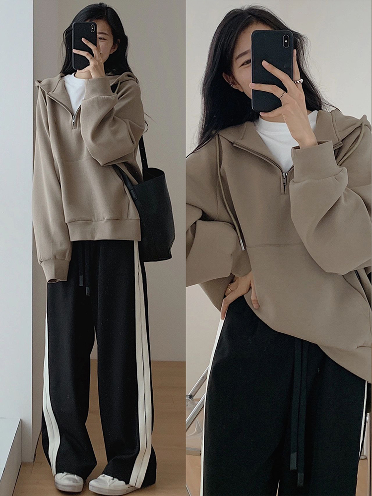 薄款華棉300克+加絨華棉復貝貝絨360克拉鏈衛衣女