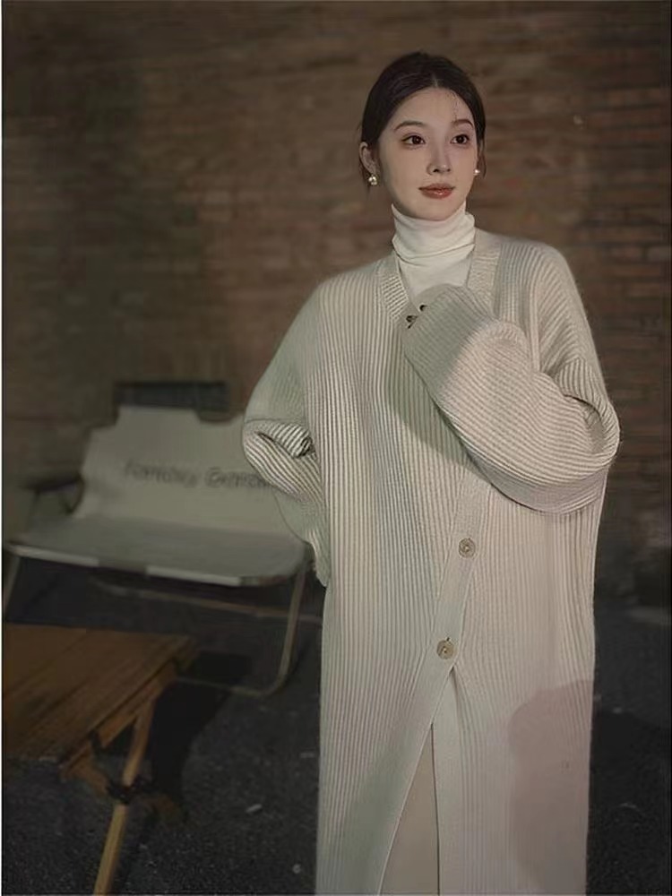 法式慵懶風毛衣開衫長款女春季新款寬鬆不對稱感針織上衣外套