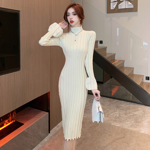 Mid-length over-the-knee knitted sweater dress for women in autumn and winter new style half turtleneck slim petal sleeves with long-sleeved bottoming skirt