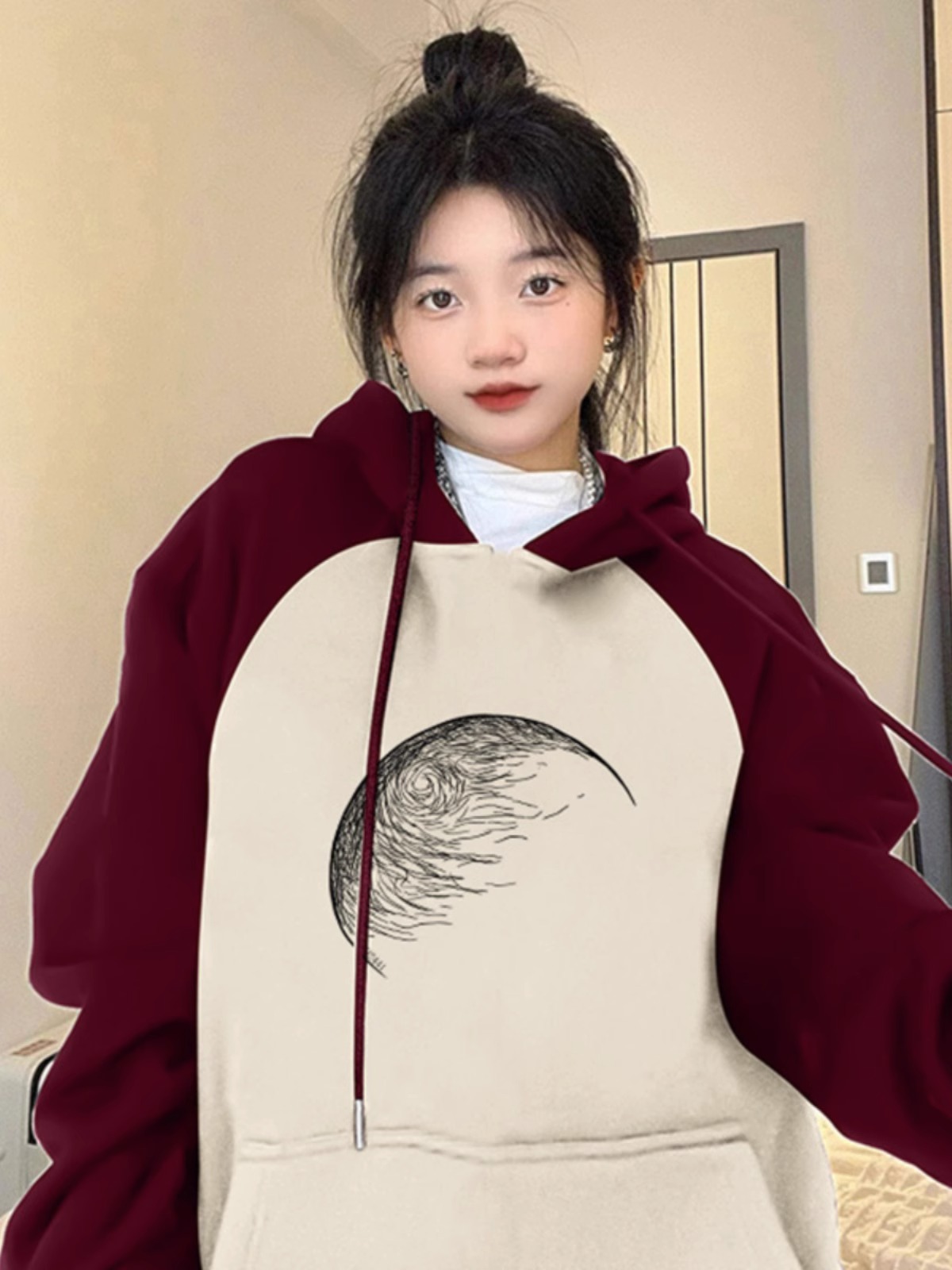 Shi Mao Hua Cotton Composite Milk Silk 300g Super Soft Silver Fox Velvet 400g Front Printed Color Block Hooded Sweatshirt for Women
