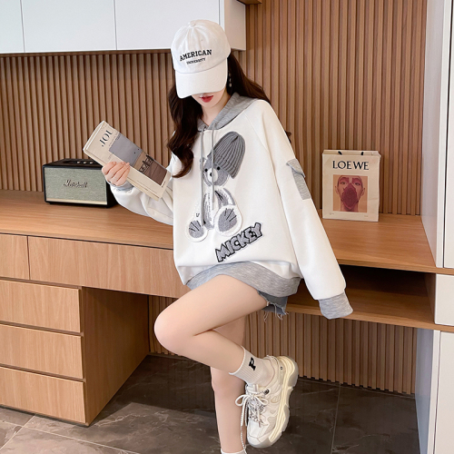 First real shot of 370g Chinese cotton shell velvet niche contrasting color hooded sweatshirt for women autumn and winter new small top