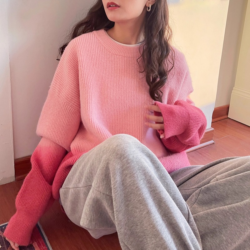 大碼漸變圓領扎染毛衣女秋冬慵懶風寬鬆溫柔軟糯很仙的針織衫外穿