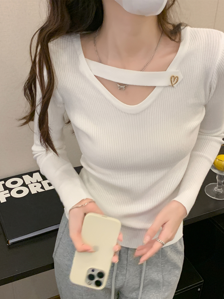 包芯紗 掛脖毛衣設計感女小眾鎖骨打底衫v領內搭上衣
