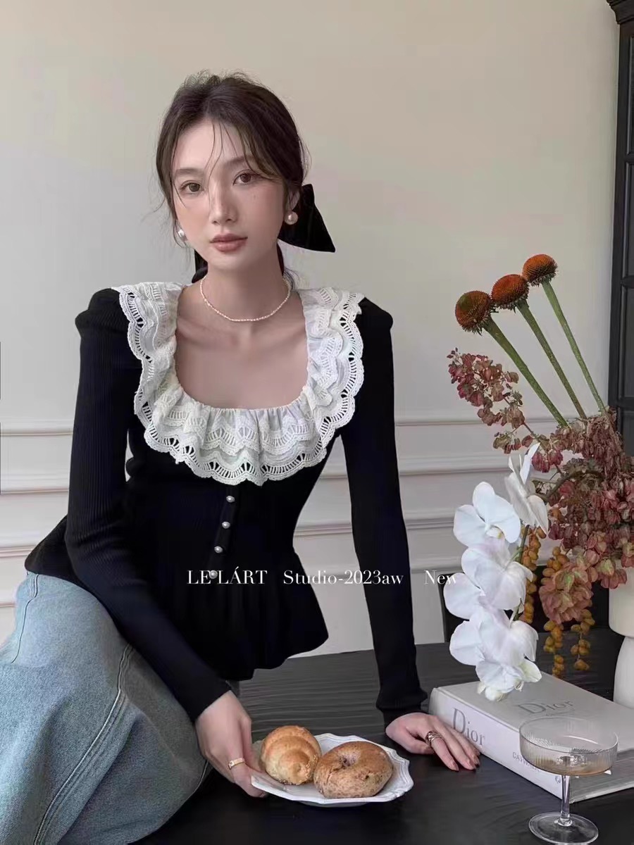 法式上衣女設計感小眾秋冬內搭氣質優雅打底衫修身拼接蕾絲針織