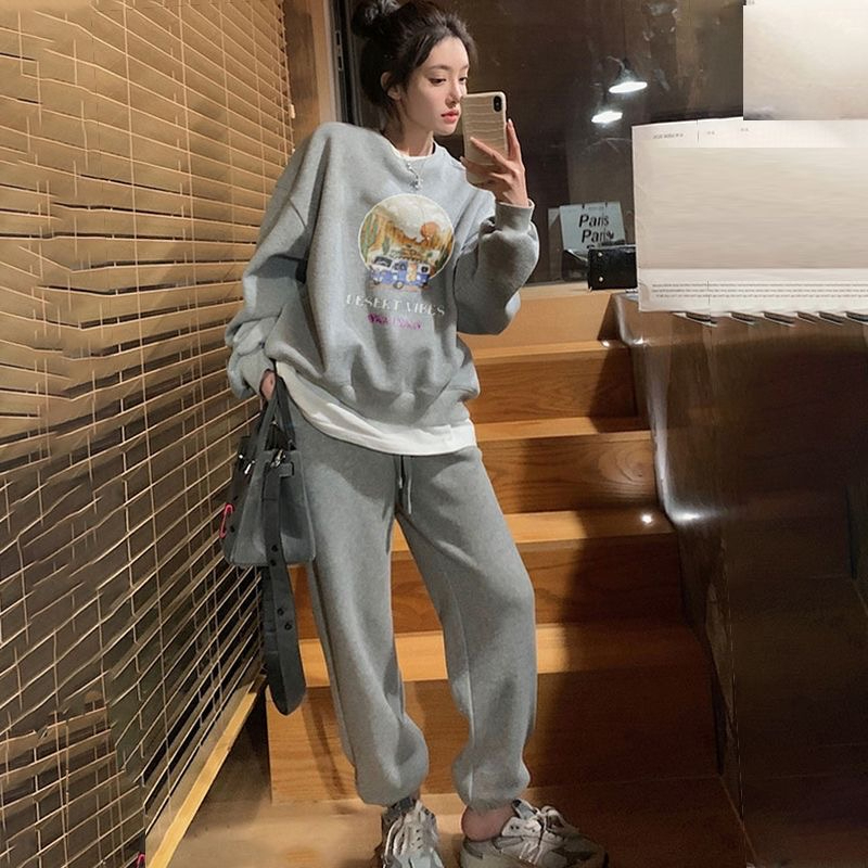 Women's casual fashion pure lust style tall and slim plus velvet and thickened design loose sweatshirt and leggings pants two-piece set