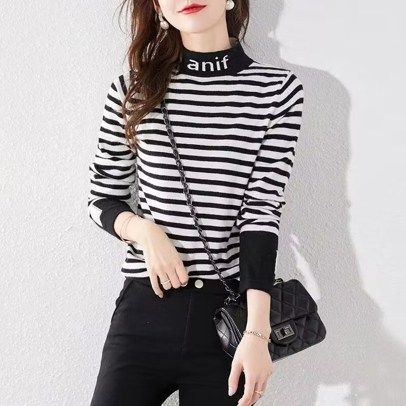 New ins double-sided velvet autumn and winter bottoming shirt for women striped plus velvet thickened mid-high collar fashion slim Korean style trendy