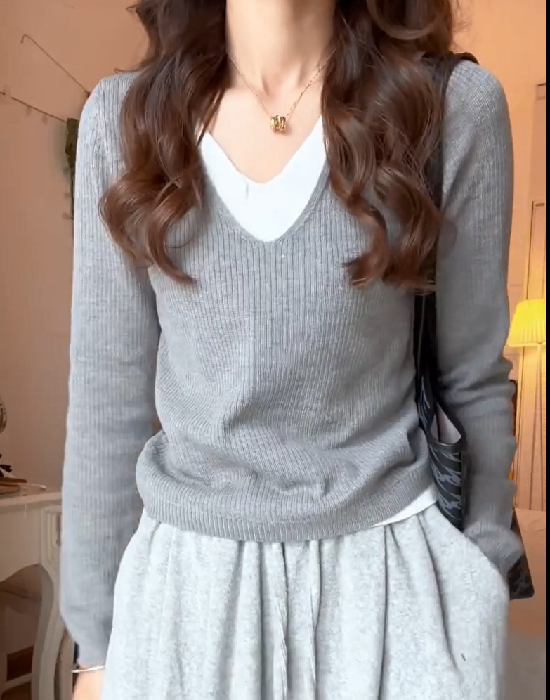 灰色假兩件v領長袖針織衫女春秋修身顯瘦毛衣內搭打底衫上衣秋冬