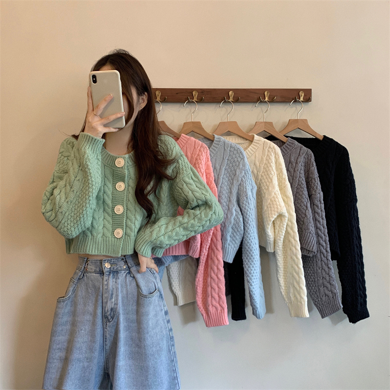 Actual shot of the new Korean style soft and waxy short knitted twist sweater cardigan