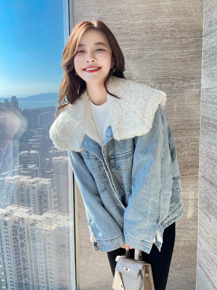 小個子西裝大翻領牛仔棉衣外套女加絨2023秋冬季短款皮毛一體外套