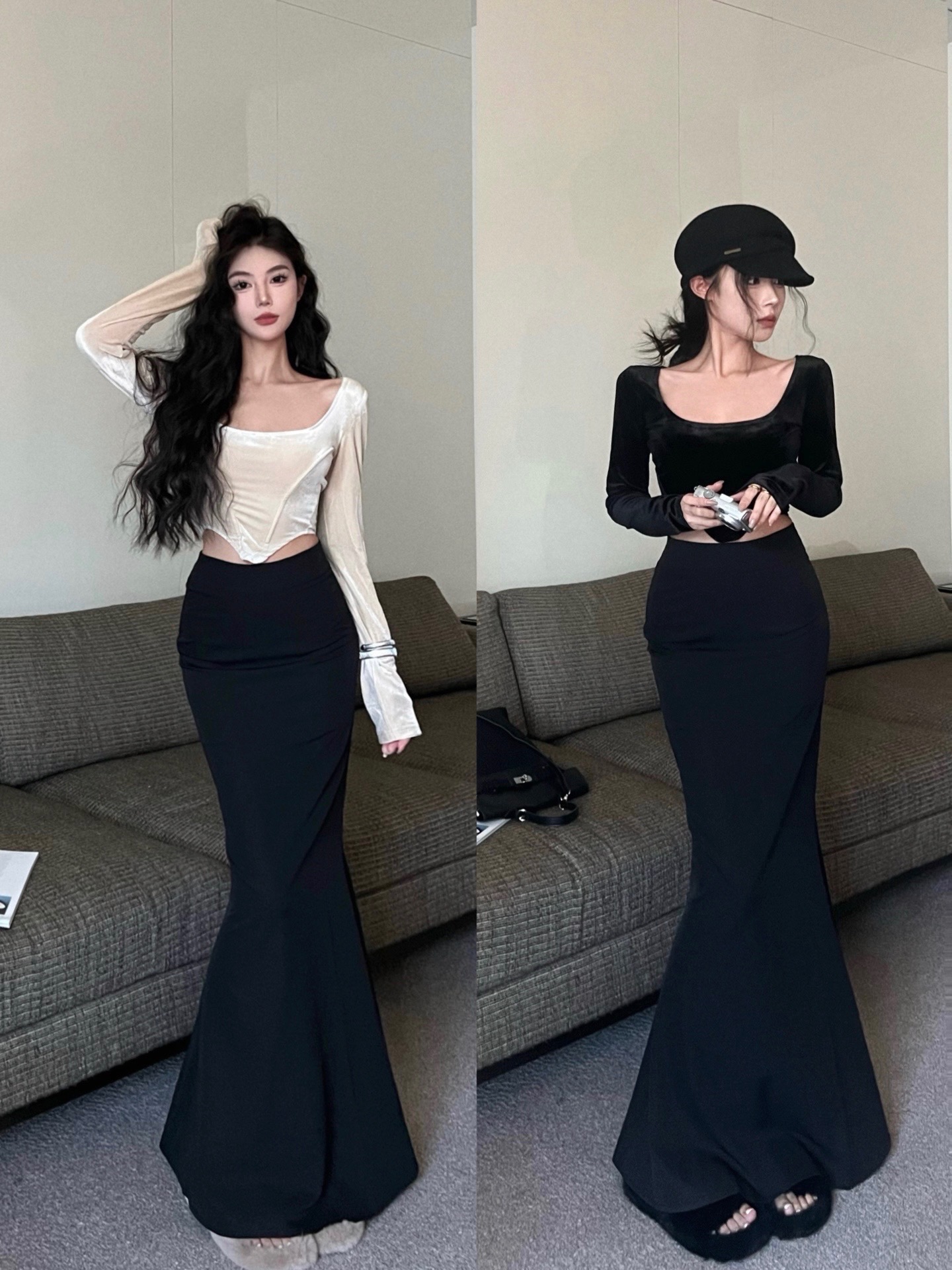 Actual shot of slim-fitting irregular velvet square-neck bottoming shirt high-waisted slimming fishtail skirt