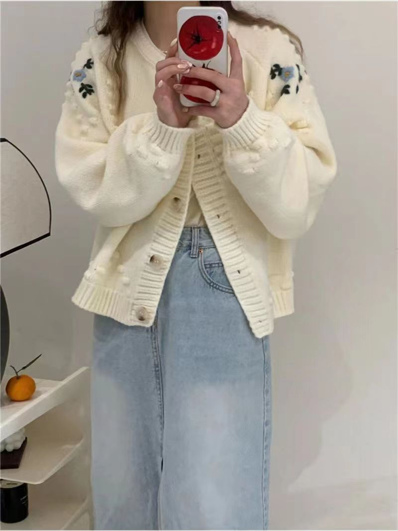 復古重工設計感立體鈎花寬鬆圓領毛衣外套女短款加厚軟糯針織開衫