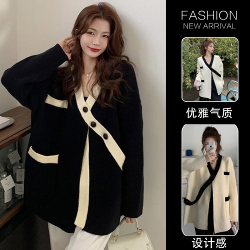 Autumn and winter new plus size women's clothing large plate Korean style mid-length chic button sweater coat sweater sweater