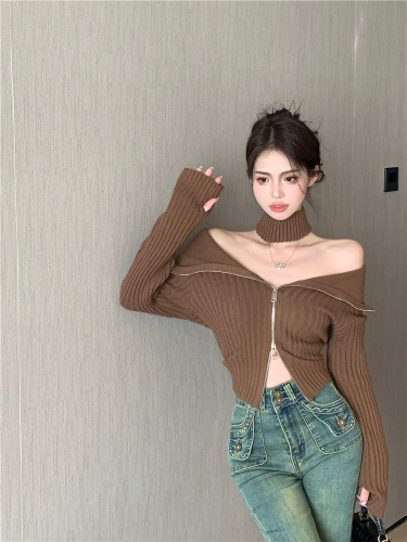 Real shot!  Pure lust hot girl one-shoulder double zipper pit striped chic long-sleeved knitted cardigan