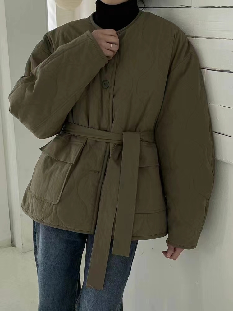 Autumn and winter new style lazy Korean belt lace-up quilted cotton coat for women
