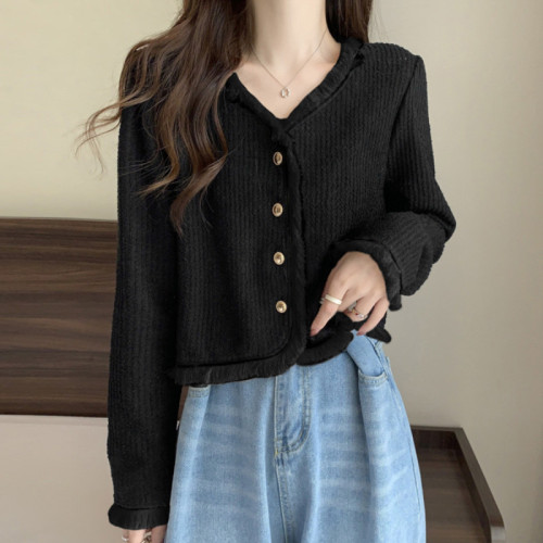 Quality inspector picture Xiaoxiang style temperament V-neck fringed edge long-sleeved top women's shirt autumn Korean style cardigan short jacket