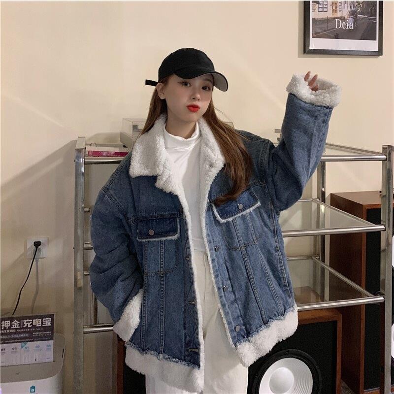 牛仔棉衣女冬中長款加絨加厚羊羔毛皮毛一體外套韓版寬鬆學生棉服
